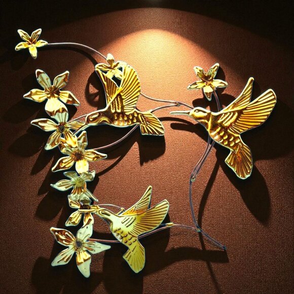 Vintage Mid Century Brass Hummingbird Wall Art Copper Floral Metal Sculpture - Picture 1 of 12